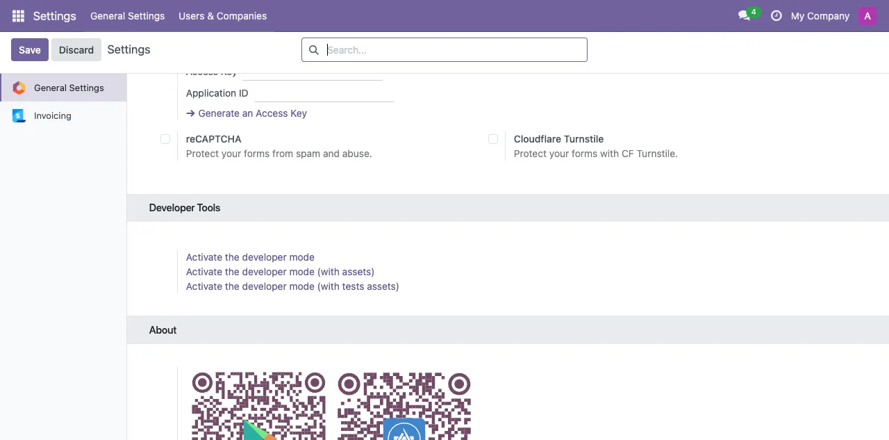 Activate developer mode in Odoo Settings