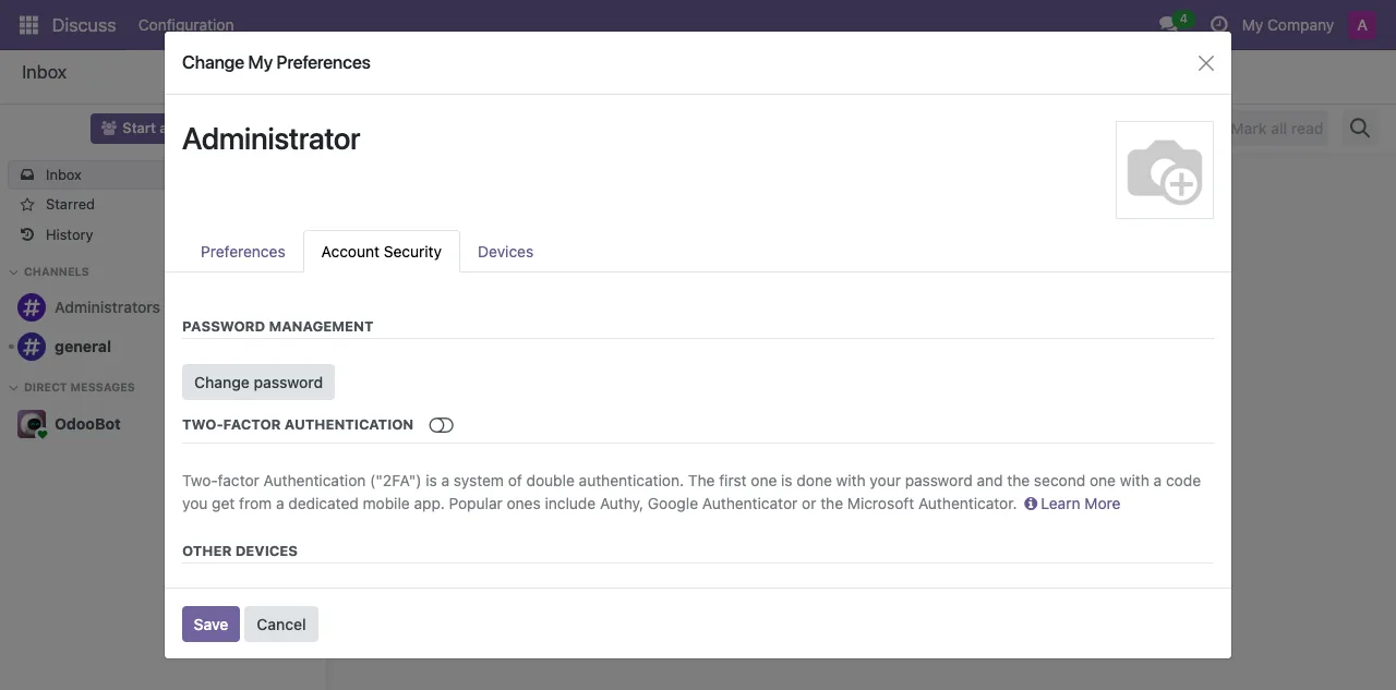 Account Security tab in My Preferences